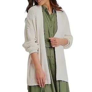 Universal Thred Long Open Cardigan Sm 100% Cotton Cream Crochet Knit Sweater NWT
